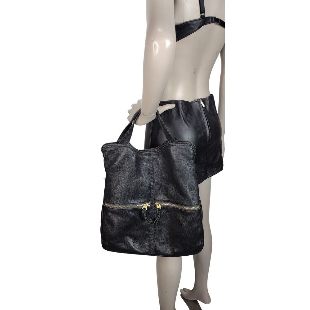 Erin FOSSIL Black Pebbled Leather Versatile Convertible Fold Over Tote Handbag